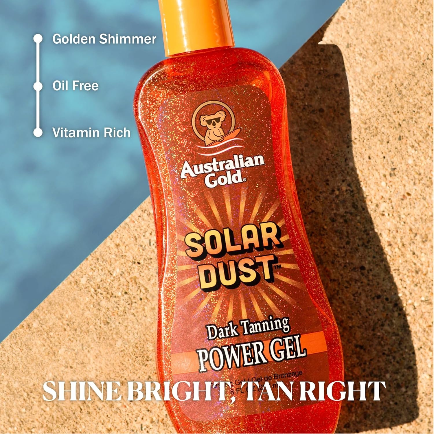 image:imageAustralian Gold Solar Dust Dark Tanning Power Gel 8 oz Glistening Golden Flakes Infused with Antioxidants amp Aloe Lightweight Hydrating Moisturizing amp NonGreasy Indoor amp Outdoor Use