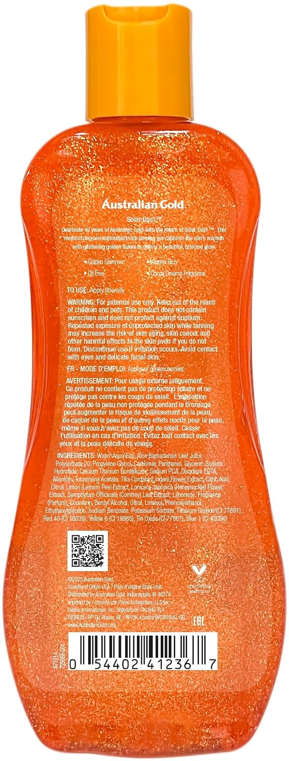 image:imageAustralian Gold Solar Dust Dark Tanning Power Gel 8 oz Glistening Golden Flakes Infused with Antioxidants amp Aloe Lightweight Hydrating Moisturizing amp NonGreasy Indoor amp Outdoor Use