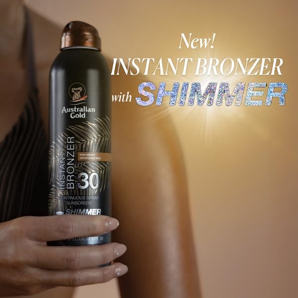 image:imageAustralian Gold Continuous Spray Sunscreen with Instant Bronzer SPF 30 Immediate Glow amp Dries Fast Water Resistant NonGreasy Oxybenzone Free Cruelty Free Bronzer New Orange 6 OzSPF 30 with Shimmer