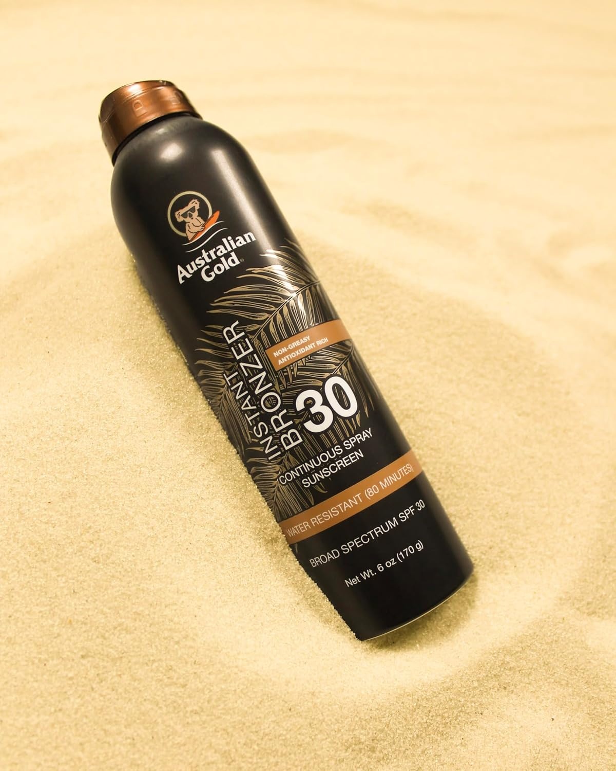 image:imageAustralian Gold Continuous Spray Sunscreen with Instant Bronzer SPF 30 Immediate Glow amp Dries Fast Water Resistant NonGreasy Oxybenzone Free Cruelty Free Bronzer New Orange 6 OzSPF 30