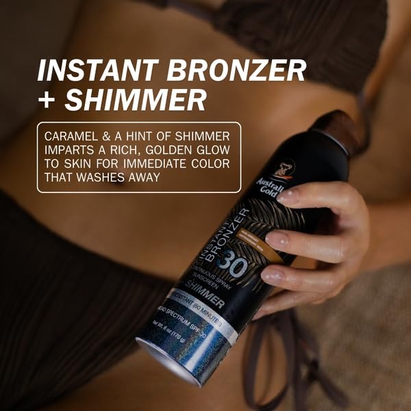 image:imageAustralian Gold Continuous Spray Sunscreen with Instant Bronzer SPF 30 Immediate Glow amp Dries Fast Water Resistant NonGreasy Oxybenzone Free Cruelty Free Bronzer New Orange 6 OzSPF 30 with Shimmer