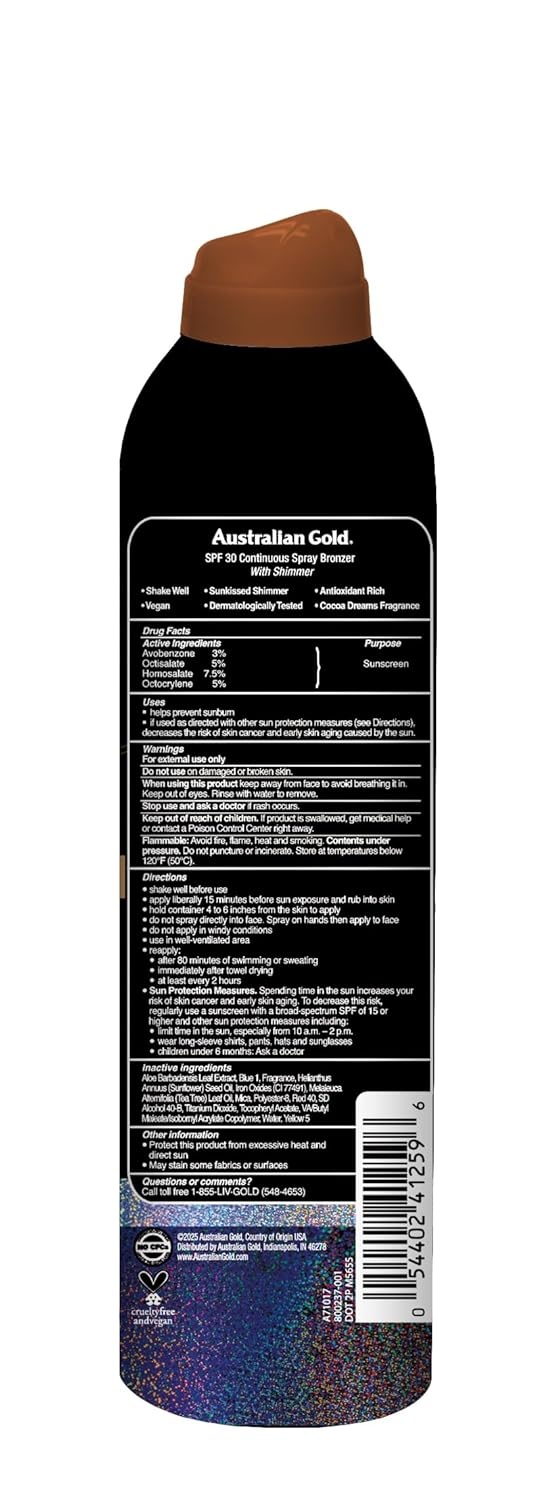 image:imageAustralian Gold Continuous Spray Sunscreen with Instant Bronzer SPF 30 Immediate Glow amp Dries Fast Water Resistant NonGreasy Oxybenzone Free Cruelty Free Bronzer New Orange 6 OzSPF 30 with Shimmer