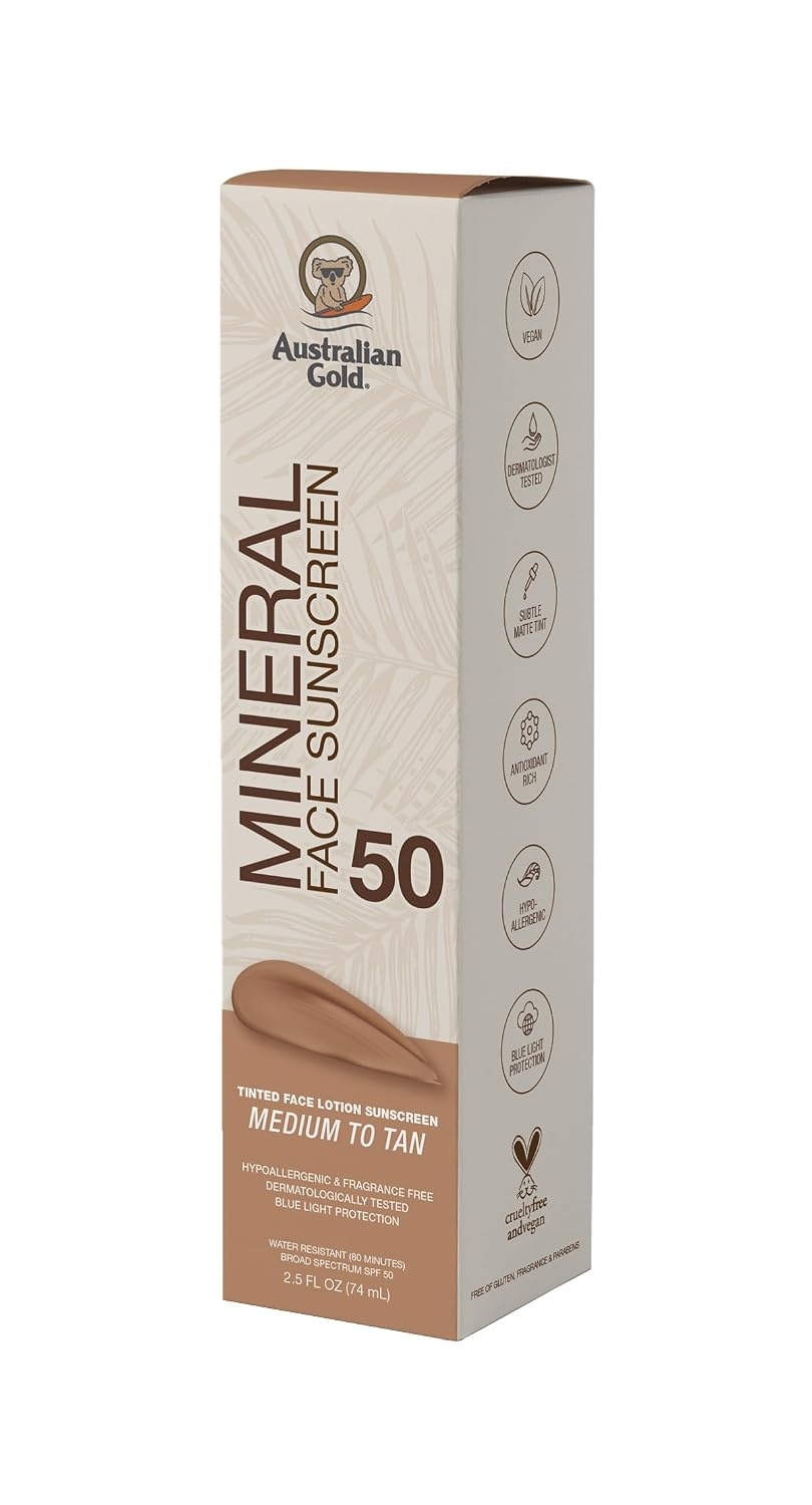 image:imageAustralian Gold SPF 50 Tinted Mineral Face Sunscreen Rich to Deep 25 fl oz Broad Spectrum NonGreasy BB Cream with Blue Light amp Sun Protection 4 Zinc Oxide amp Titanium Dioxide HypoallergenicMedium to Tan