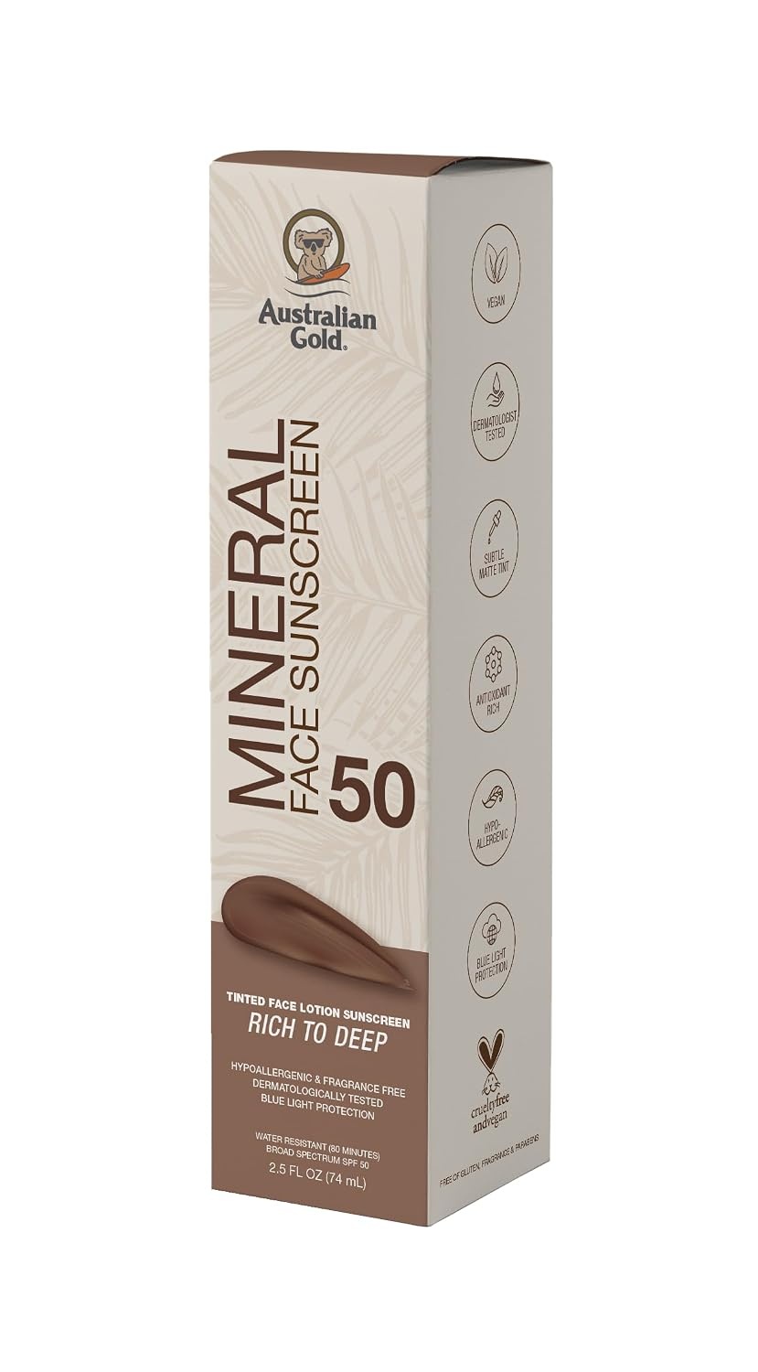 image:imageAustralian Gold SPF 50 Tinted Mineral Face Sunscreen Rich to Deep 25 fl oz Broad Spectrum NonGreasy BB Cream with Blue Light amp Sun Protection 4 Zinc Oxide amp Titanium Dioxide HypoallergenicRich to Deep
