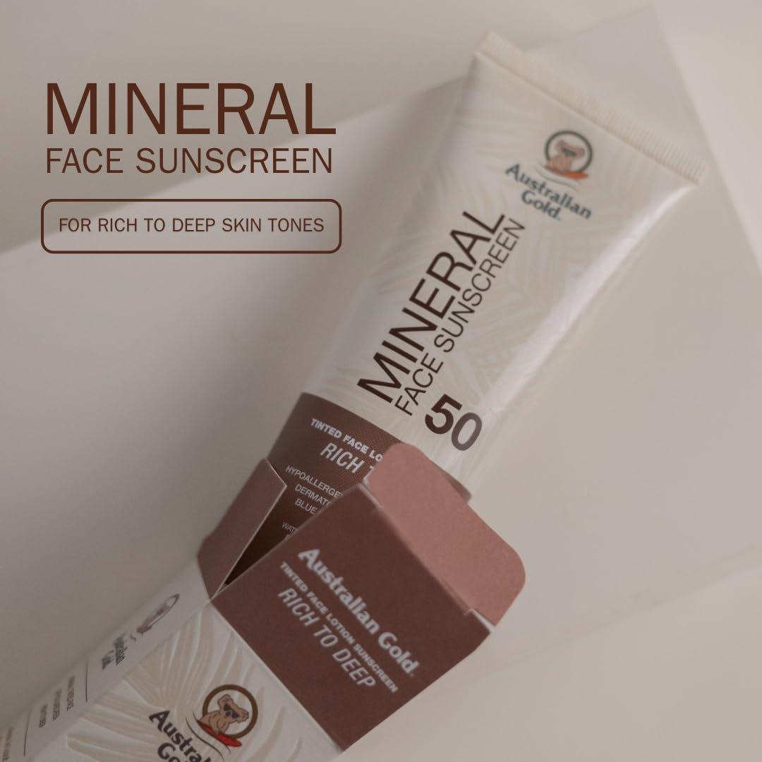 image:imageAustralian Gold SPF 50 Tinted Mineral Face Sunscreen Rich to Deep 25 fl oz Broad Spectrum NonGreasy BB Cream with Blue Light amp Sun Protection 4 Zinc Oxide amp Titanium Dioxide HypoallergenicRich to Deep