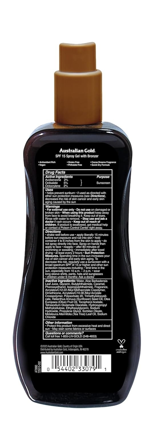 image:imageAustralian Gold Spray Gel Sunscreen with Instant Bronzer SPF 50 8 Ounce Moisturize amp Hydrate Skin Broad Spectrum Water ResistantB07DG52KLYSPF 15