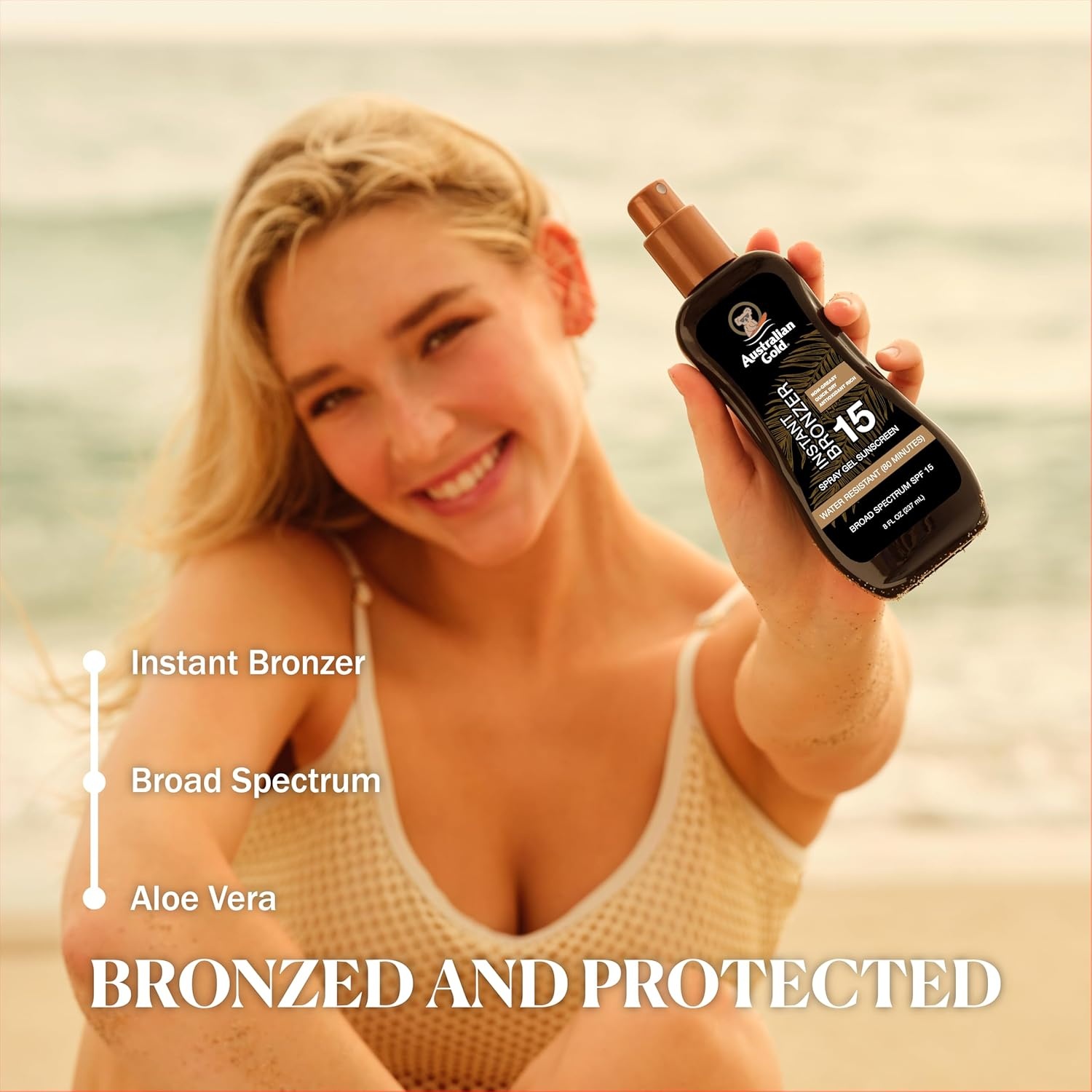image:imageAustralian Gold Spray Gel Sunscreen with Instant Bronzer SPF 50 8 Ounce Moisturize amp Hydrate Skin Broad Spectrum Water ResistantB07DG52KLYSPF 15