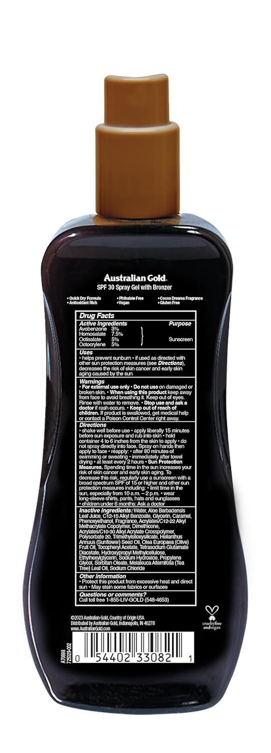image:imageAustralian Gold Spray Gel Sunscreen with Instant Bronzer SPF 50 8 Ounce Moisturize amp Hydrate Skin Broad Spectrum Water ResistantB07DG52KLYSPF 30