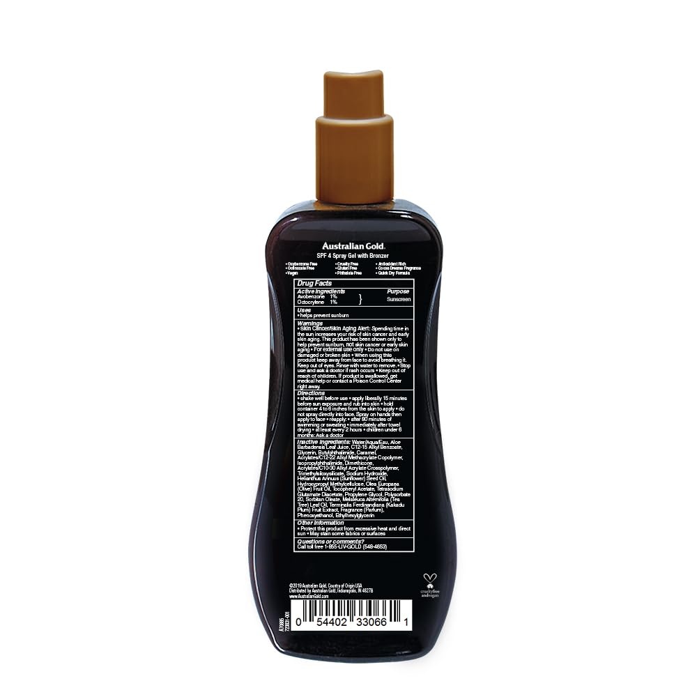image:imageAustralian Gold Spray Gel Sunscreen with Instant Bronzer SPF 50 8 Ounce Moisturize amp Hydrate Skin Broad Spectrum Water ResistantB07DG52KLYSPF 4