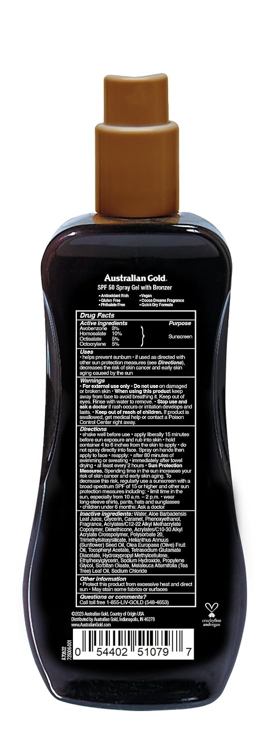 image:imageAustralian Gold Spray Gel Sunscreen with Instant Bronzer SPF 50 8 Ounce Moisturize amp Hydrate Skin Broad Spectrum Water ResistantB07DG52KLYSPF 50