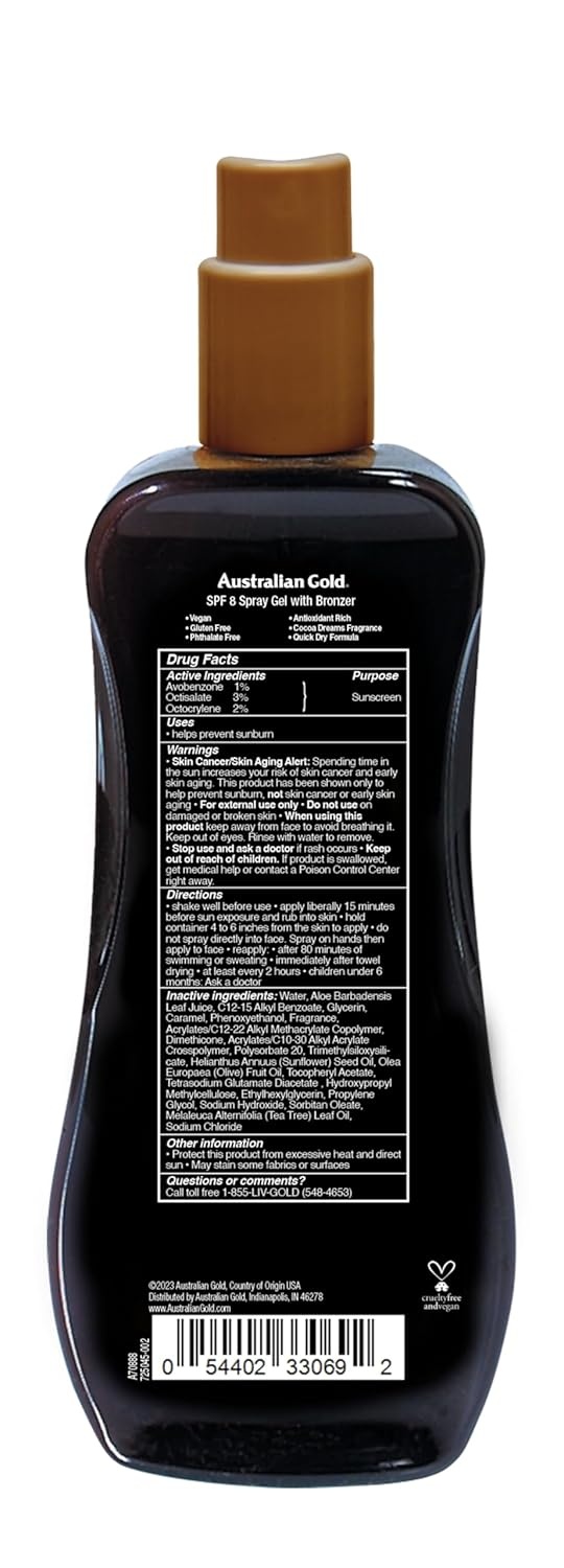 image:imageAustralian Gold Spray Gel Sunscreen with Instant Bronzer SPF 50 8 Ounce Moisturize amp Hydrate Skin Broad Spectrum Water ResistantB07DG52KLYSPF 8
