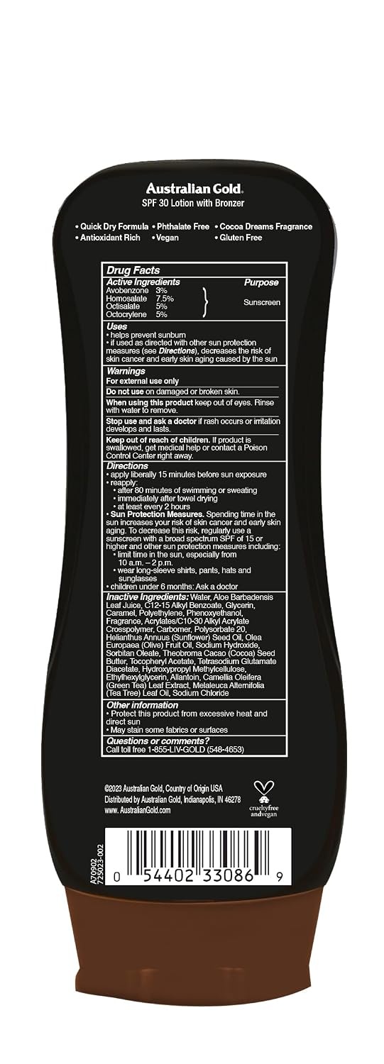 image:imageAustralian Gold Sunscreen Lotion with Instant Bronzer Broad Spectrum Water Resistant NonGreasy Oxybenzone Free Cruelty Free SPF 30 Coconut 8 Fl Oz A70902SPF 30