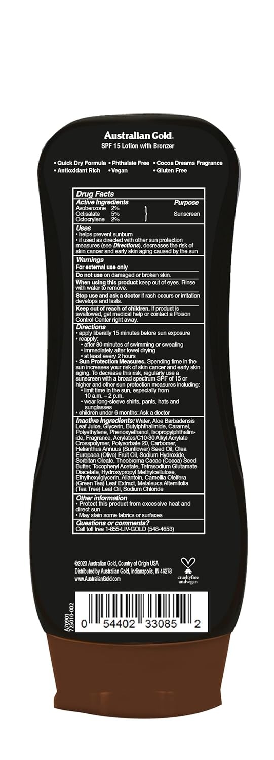 image:imageAustralian Gold Sunscreen Lotion with Instant Bronzer SPF 15 8 Ounce Broad Spectrum Water Resistant NonGreasy SPF 15 8 Fl Oz Pack of 18 Ounce Pack of 1