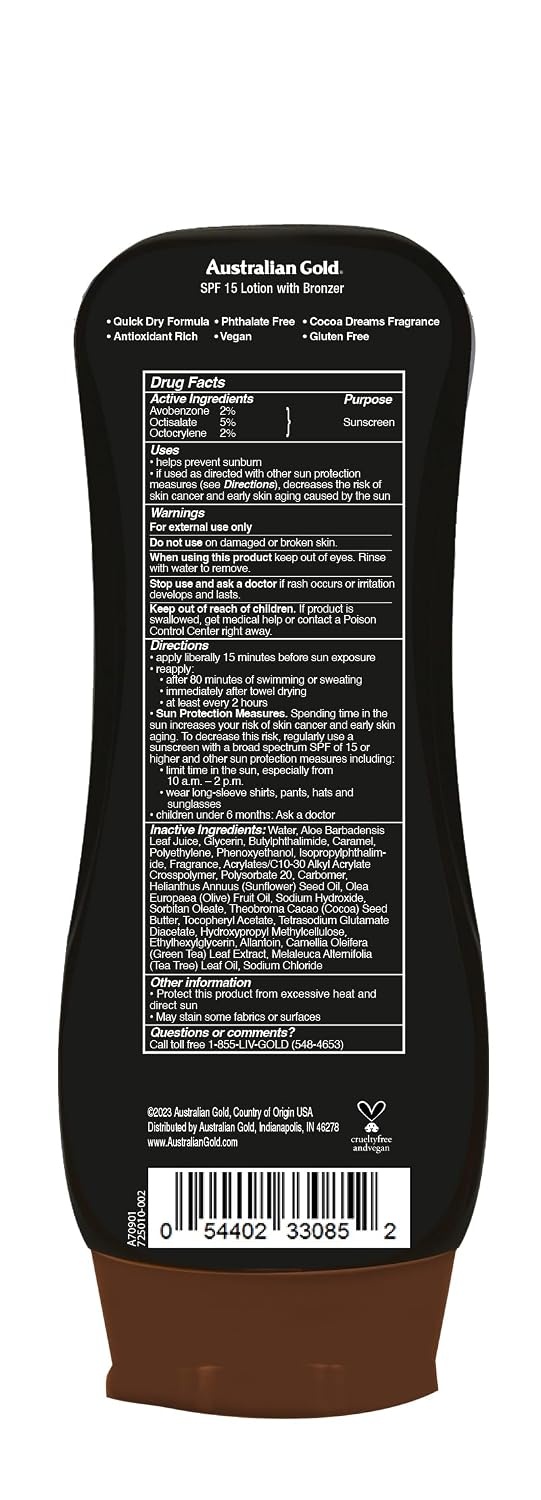 image:imageAustralian Gold Sunscreen Lotion with Instant Bronzer SPF 15 8 Ounce Broad Spectrum Water Resistant NonGreasy SPF 15 8 Fl Oz Pack of 18 Ounce Pack of 2