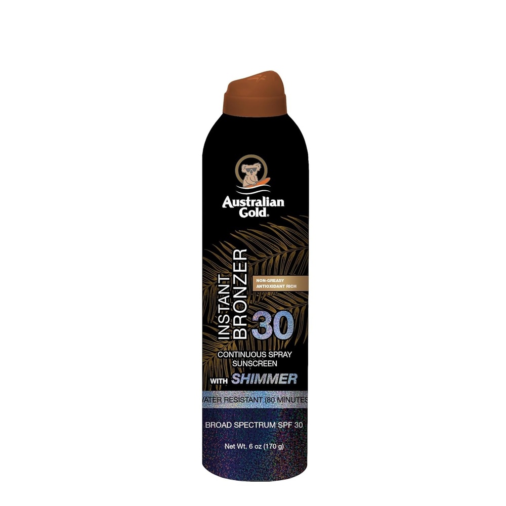 image:imageAustralian Gold Continuous Spray Sunscreen with Instant Bronzer SPF 30 Immediate Glow amp Dries Fast Water Resistant NonGreasy Oxybenzone Free Cruelty Free Bronzer New Orange 6 OzSPF 30 with Shimmer