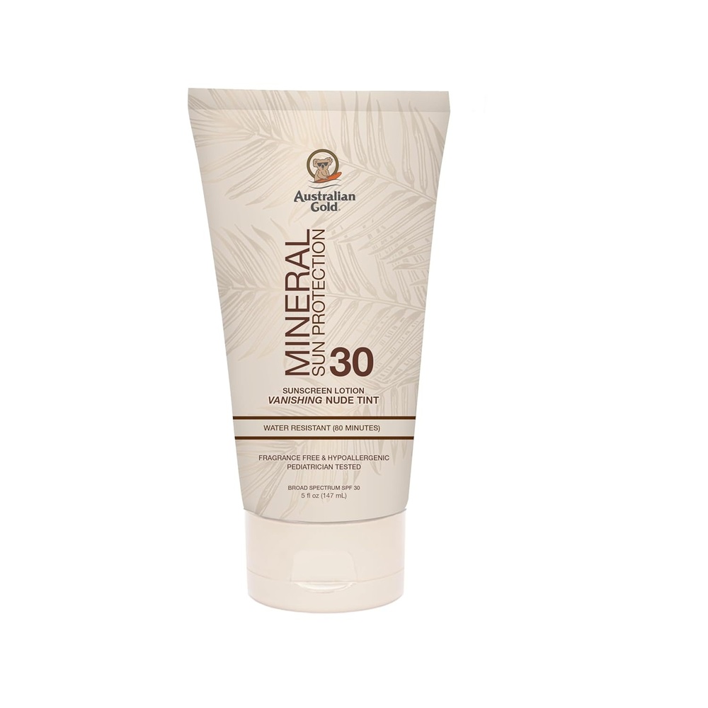 image:imageAustralian Gold SPF 30 Mineral Sunscreen 5 fl oz Broad Spectrum Tinted Sunscreen Gentle Protection for Every Shade Vanishing Nude Tint Blue Light Protection Zinc Oxide 4 amp Titanium Dioxide 4SPF 30