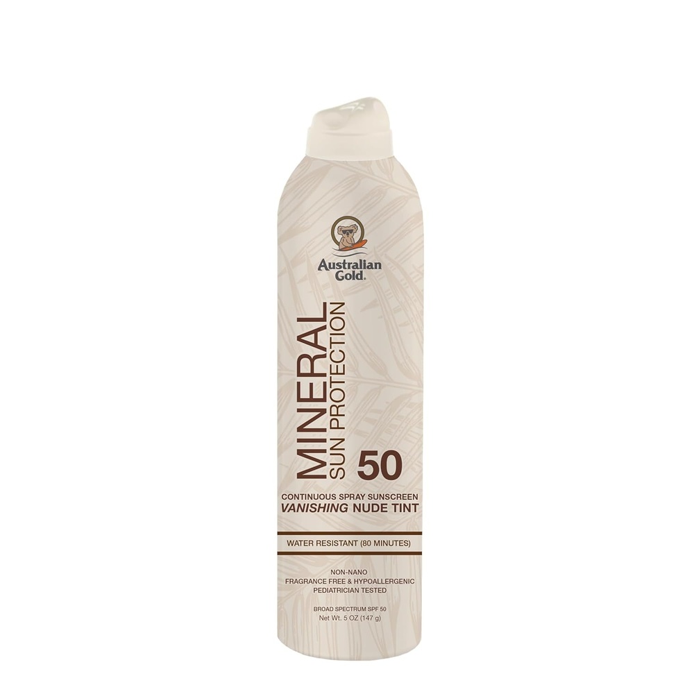 image:imageAustralian Gold SPF 50 Tinted Mineral Sunscreen Spray 5 fl oz Broad Spectrum Continuous Spray for Face amp Body Easily Blendable Sunblock Zinc Oxide 4 amp Titanium Dioxide 4 All Skin TypesSPF 50
