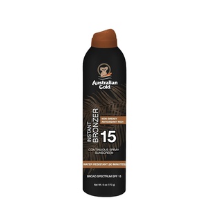 image:imageAustralian Gold Continuous Spray Sunscreen with Instant Bronzer SPF 30 Immediate Glow amp Dries Fast Water Resistant NonGreasy Oxybenzone Free Cruelty Free Bronzer New Orange 6 OzSPF 15